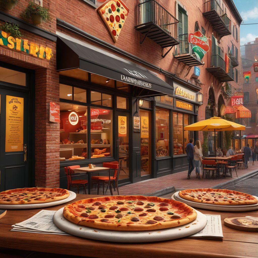 An inviting pizza restaurant scene, featuring a delivery person navigating a busy street with colorful pizza boxes, a cozy dining area with customers enjoying their meals, and strategic charts on the walls symbolizing risk management. Include elements like a delicious pepperoni pizza and safety icons around to emphasize risk awareness. vibrant colors. 3D.