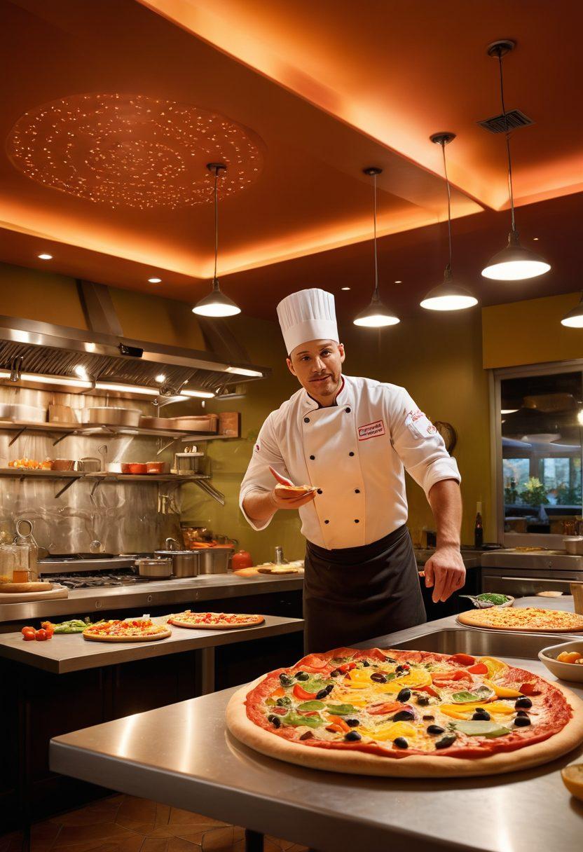 A vibrant, inviting pizza kitchen with a chef joyfully preparing gourmet pizzas, surrounded by protective shield imagery like a transparent bubble or glowing aura. Include various pizza toppings flying around as if in a culinary dance, with a subtle representation of insurance documents on a nearby table. The background features warm lighting that enhances the cozy atmosphere and conveys a sense of safety. super-realistic. vibrant colors. warm glow.